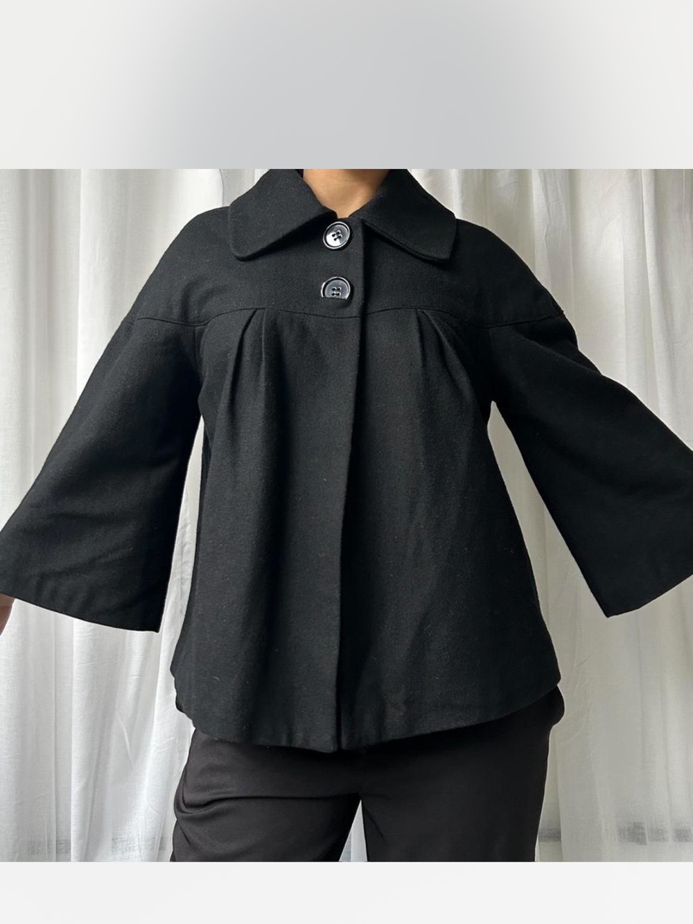 Black Wool Swing Coat with Button Front